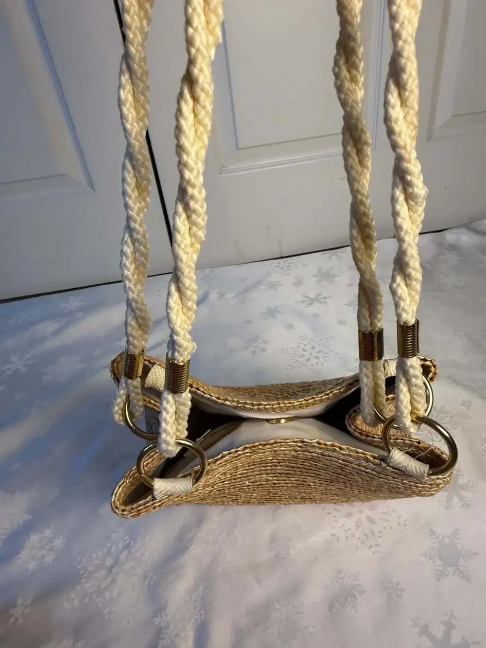 Vintage Gold Metallic Woven Straw Shoulder Bag Rope Handles Boho Resort Purse